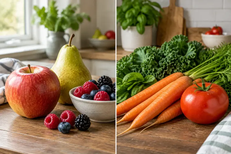 Gegenüberstellung: links Obst, rechts Gemüse