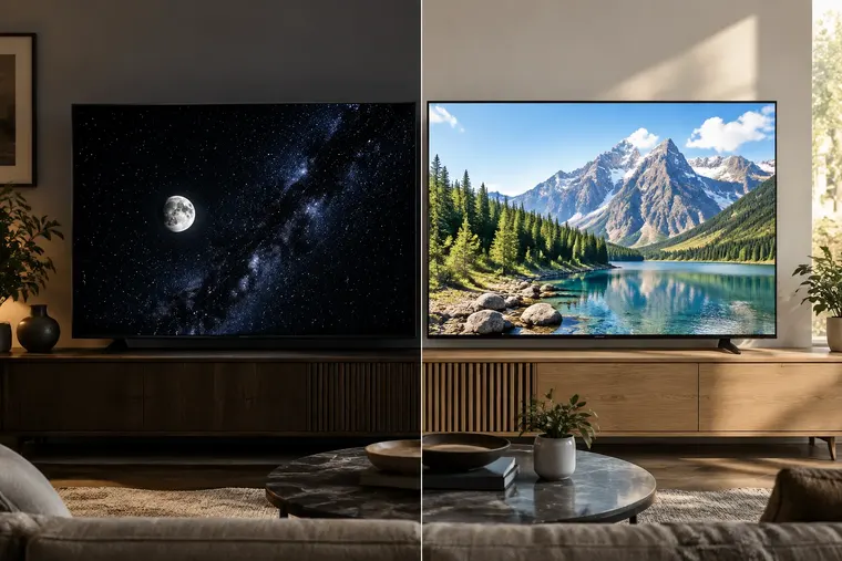 Gegenüberstellung: links OLED, rechts QLED