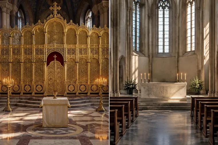Gegenüberstellung: links orthodoxes Christentum, rechts katholisches Christentum