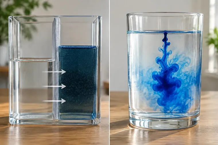 Gegenüberstellung: links Osmose, rechts Diffusion
