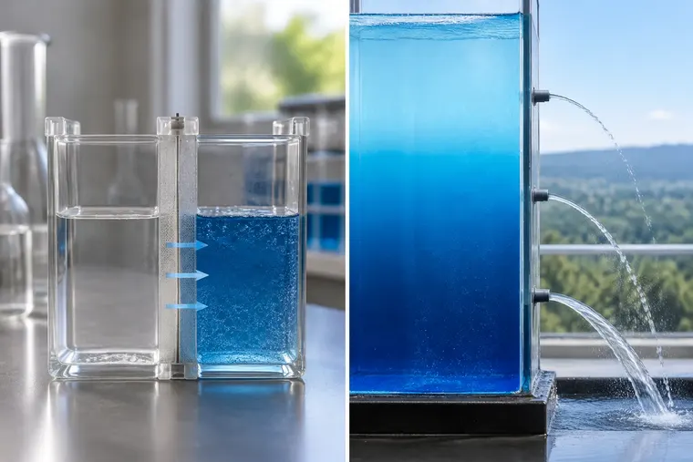 Gegenüberstellung: links osmotischer Druck, rechts hydrostatischer Druck