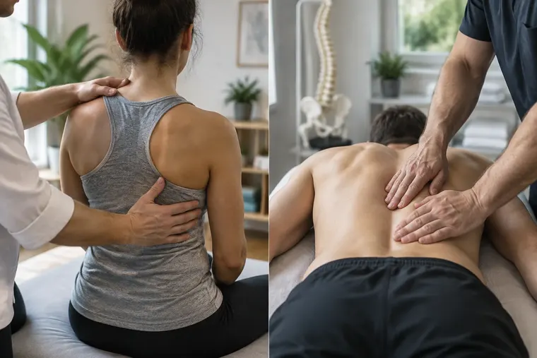 Gegenüberstellung: links Osteopathie, rechts Chiropraktik