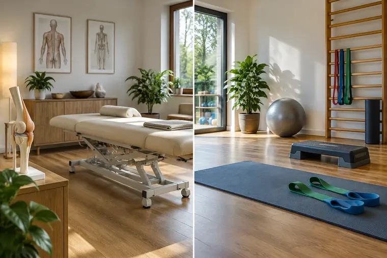 Gegenüberstellung: links Osteopathie, rechts Physiotherapie