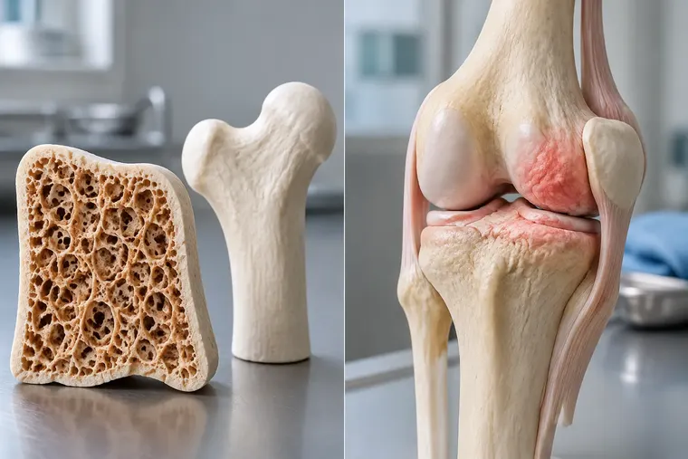 Gegenüberstellung: links Osteoporose, rechts Arthritis