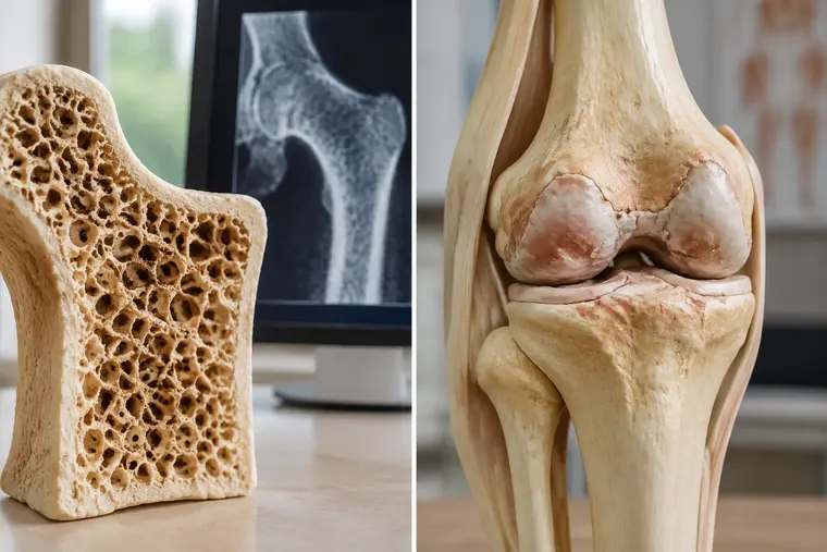 Gegenüberstellung: links Osteoporose, rechts Arthrose