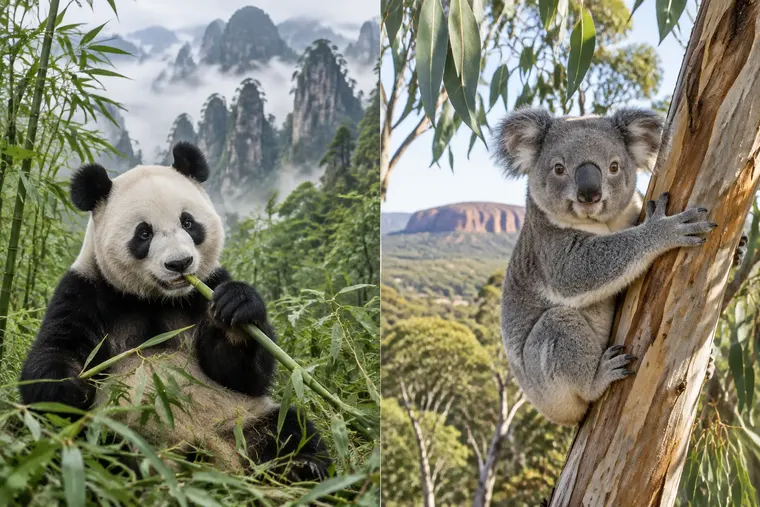 Gegenüberstellung: links Panda, rechts Koala