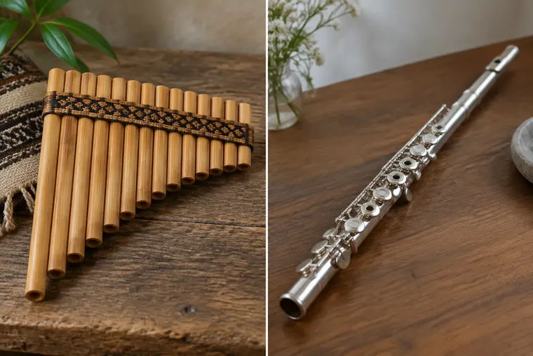 Gegenüberstellung: links Panflöte, rechts Querflöte