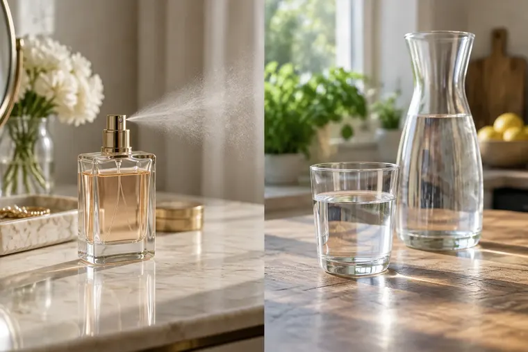 Gegenüberstellung: links Parfüm, rechts Wasser