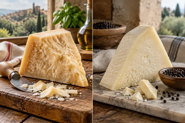 Gegenüberstellung: links Parmesan, rechts Pecorino