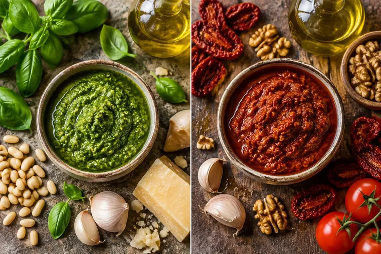 Gegenüberstellung: links Pesto Genovese, rechts Pesto Rosso
