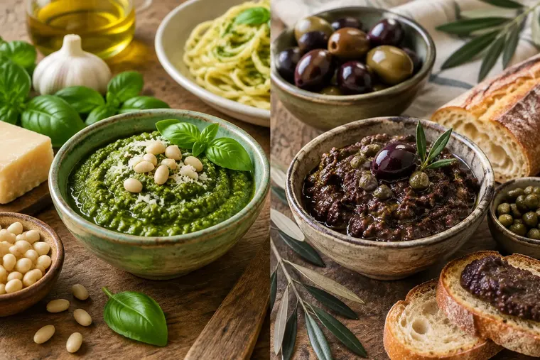 Gegenüberstellung: links Pesto, rechts Tapenade