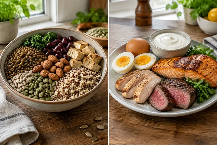 Gegenüberstellung: links pflanzliches Protein, rechts tierisches Protein