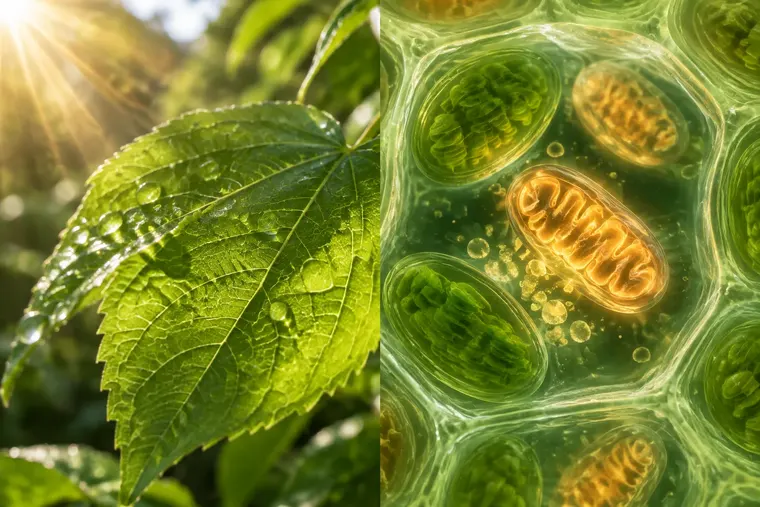 Gegenüberstellung: links Photosynthese, rechts Atmung