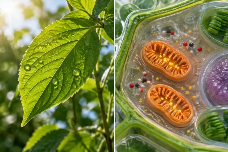 Gegenüberstellung: links Photosynthese, rechts Zellatmung