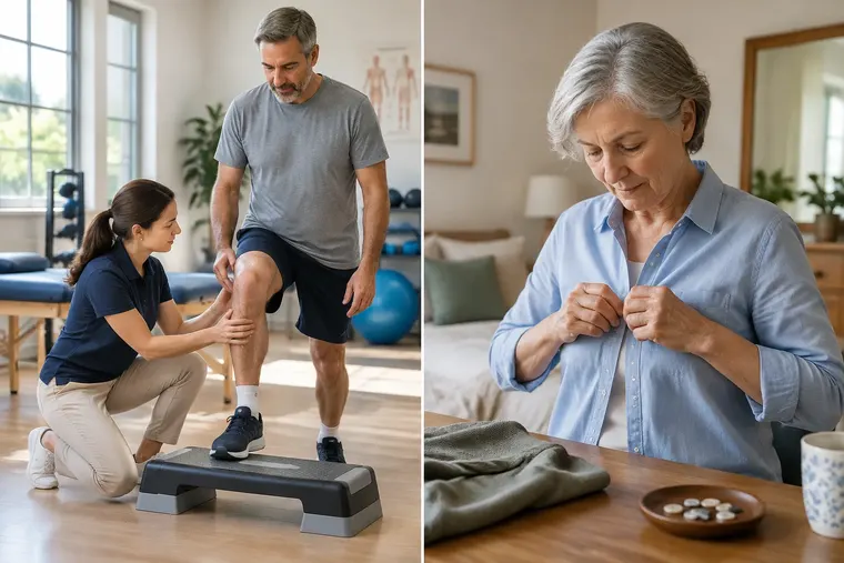 Gegenüberstellung: links Physiotherapie, rechts Ergotherapie