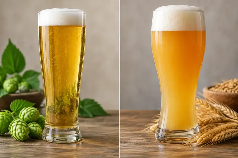 Gegenüberstellung: links Pils, rechts Weizenbier