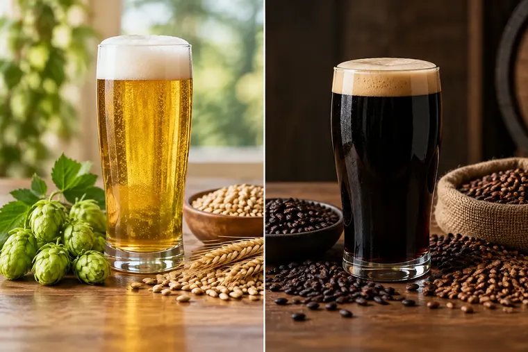 Gegenüberstellung: links Pilsner, rechts Stoutbier