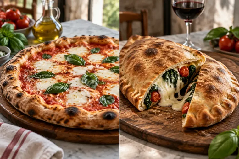 Gegenüberstellung: links Pizza, rechts Calzone