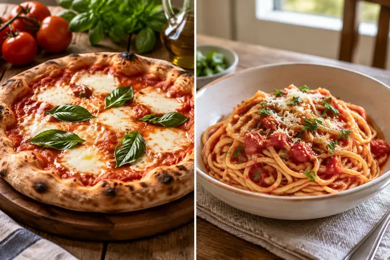 Gegenüberstellung: links Pizza, rechts Pasta