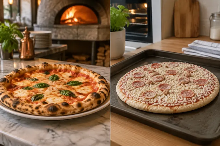 Gegenüberstellung: links Pizzeria-Pizza, rechts Tiefkühlpizza