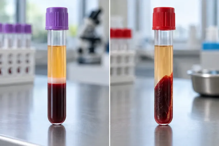 Gegenüberstellung: links Plasma, rechts Serum