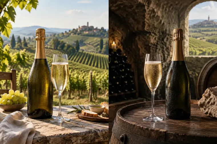 Gegenüberstellung: links Prosecco, rechts Champagner