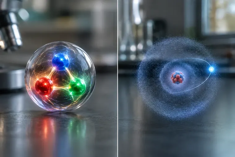 Gegenüberstellung: links Proton, rechts Elektron