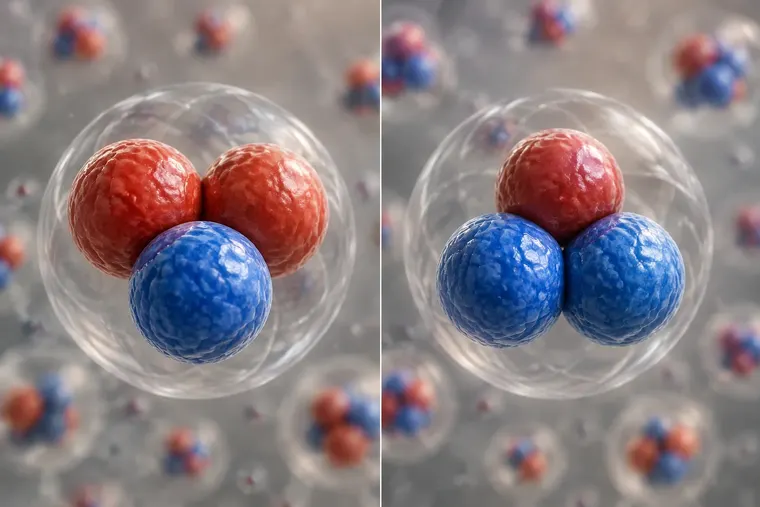 Gegenüberstellung: links Proton, rechts Neutron