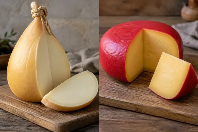 Gegenüberstellung: links Provolone, rechts Gouda