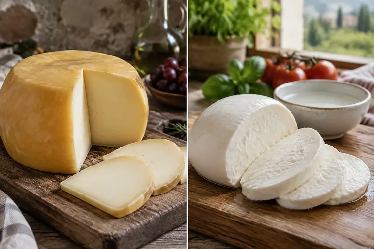 Gegenüberstellung: links Provolone, rechts Mozzarella