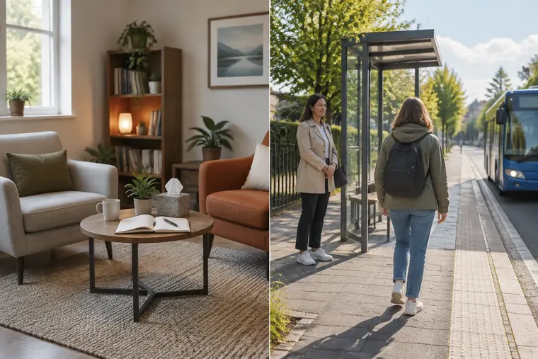 Gegenüberstellung: links Psychoanalyse, rechts Verhaltenstherapie