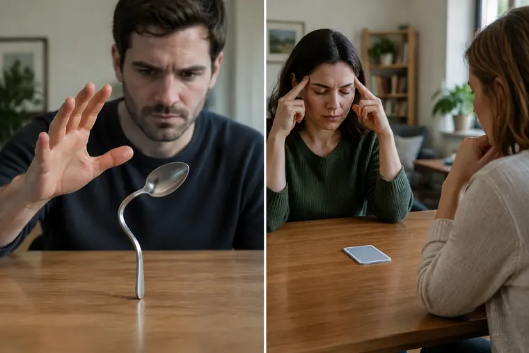Gegenüberstellung: links Psychokinese, rechts Telepathie