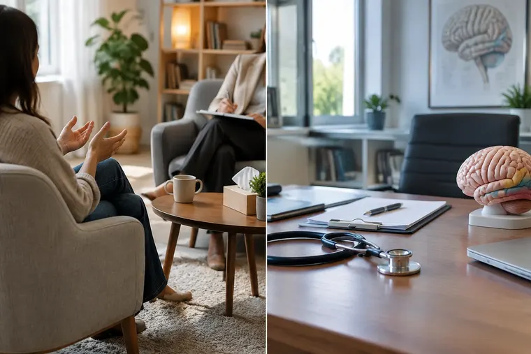 Gegenüberstellung: links Psychotherapie, rechts Psychiatrie