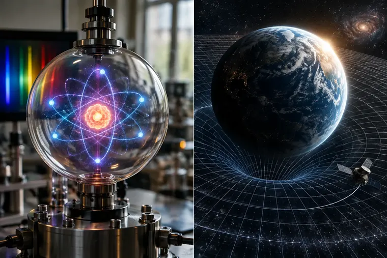 Gegenüberstellung: links Quantenmechanik, rechts Relativitätstheorie