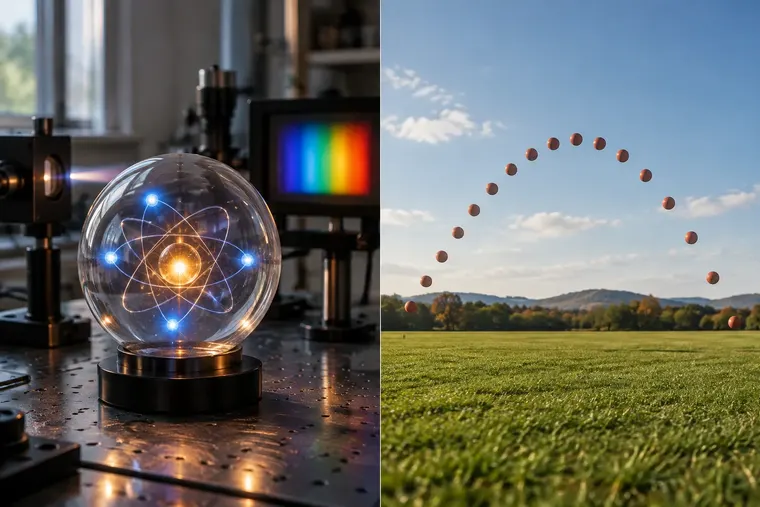 Gegenüberstellung: links Quantenphysik, rechts klassische Physik