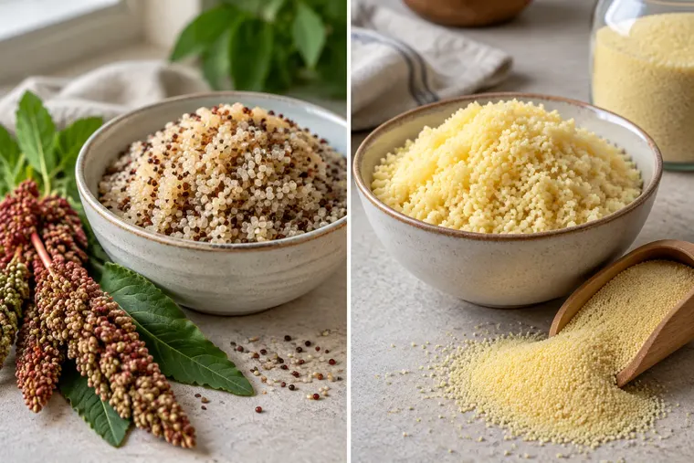 Gegenüberstellung: links Quinoa, rechts Couscous