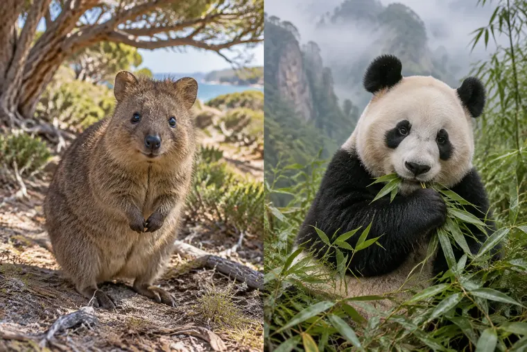 Gegenüberstellung: links Quokka, rechts Panda