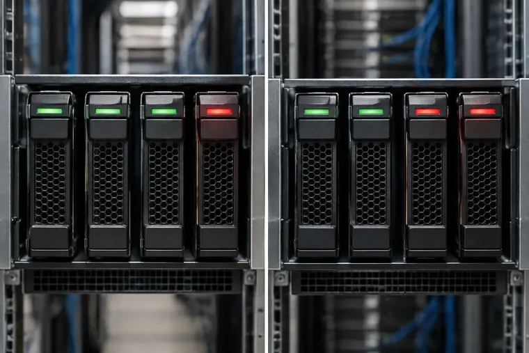 Gegenüberstellung: links RAID 5, rechts RAID 6