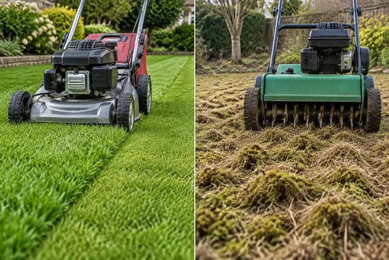 Gegenüberstellung: links Rasenmähen, rechts Vertikutieren