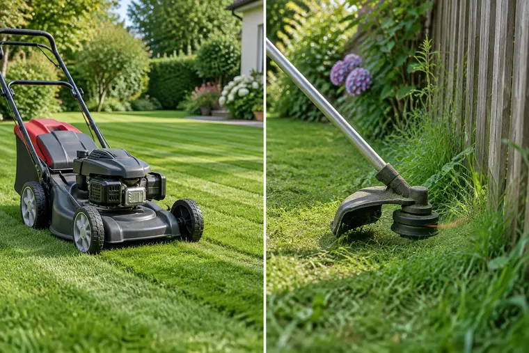 Gegenüberstellung: links Rasenmäher, rechts Rasentrimmer