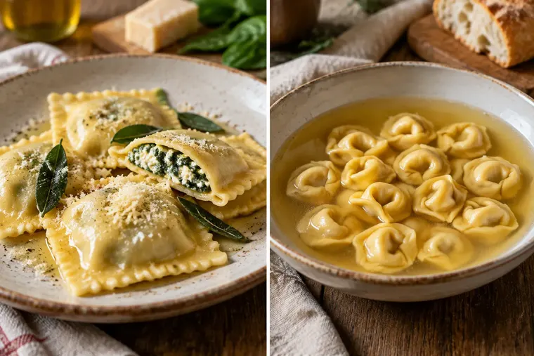 Gegenüberstellung: links Raviolo, rechts Tortellino