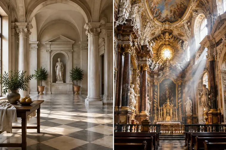 Gegenüberstellung: links Renaissancekunst, rechts Barockkunst