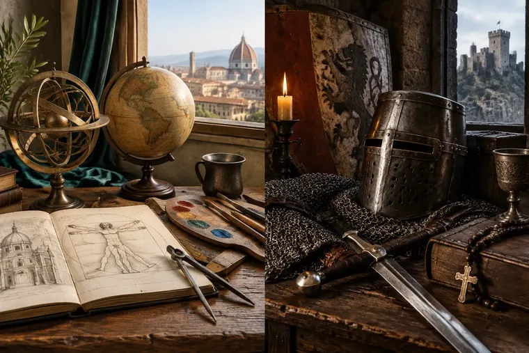 Gegenüberstellung: links Renaissance, rechts Mittelalter