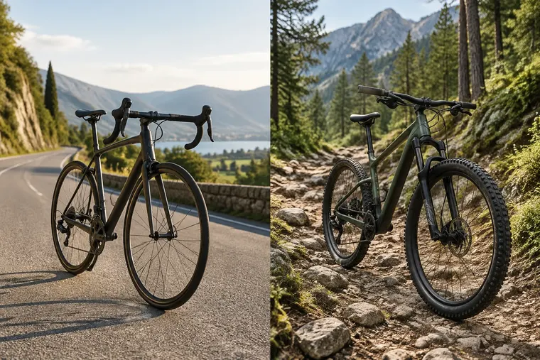 Gegenüberstellung: links Rennrad, rechts Mountainbike