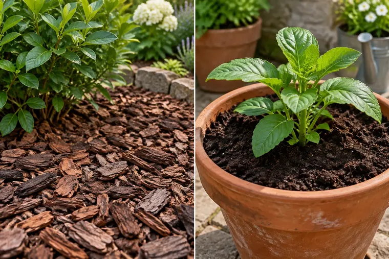 Gegenüberstellung: links Rindenmulch, rechts Blumenerde