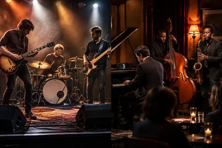 Gegenüberstellung: links Rockmusik, rechts Jazz