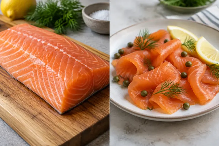 Gegenüberstellung: links roher Lachs, rechts geräucherter Lachs