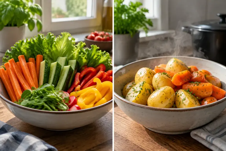 Gegenüberstellung: links Rohkost, rechts gekochtes Essen