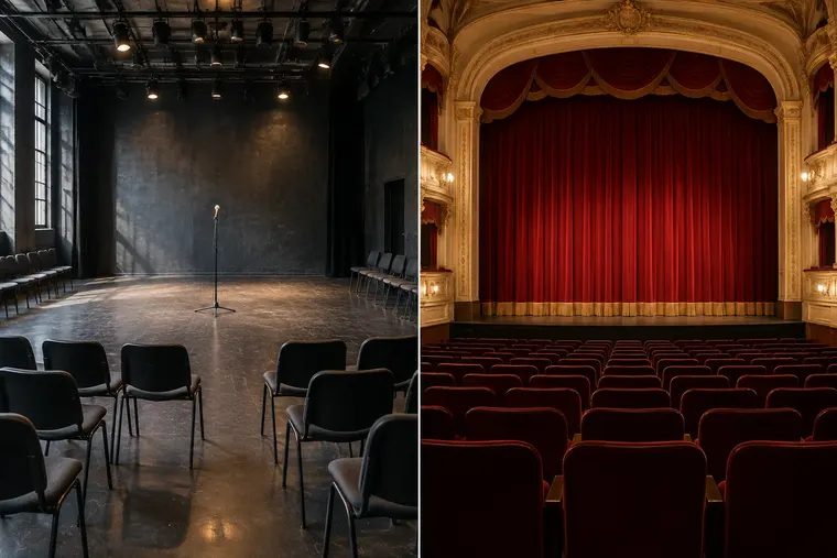 Gegenüberstellung: links Rolle des Zuschauers im modernen Theater, rechts Rolle des Zuschauers im klassischen Theater