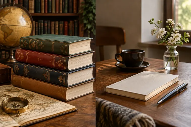 Gegenüberstellung: links Roman, rechts Kurzgeschichte